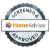 Grey badge with orange home advisor logo reading screened and approved